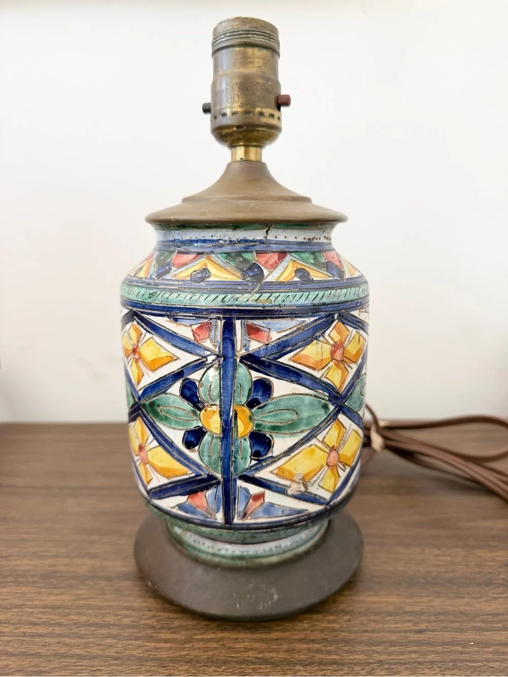 Vintage Majolica Hand Painted Italian Lamp WORKS Gorgeous Floral Geo Print Blue